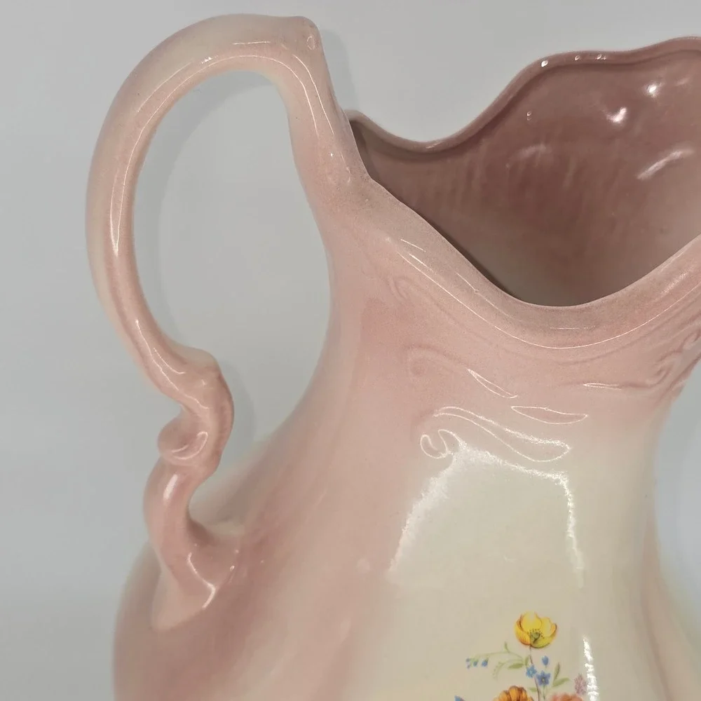 Vintage Pink Cream Floral Ceramic Pitcher Vase Ornate Scalloped Victorian Style